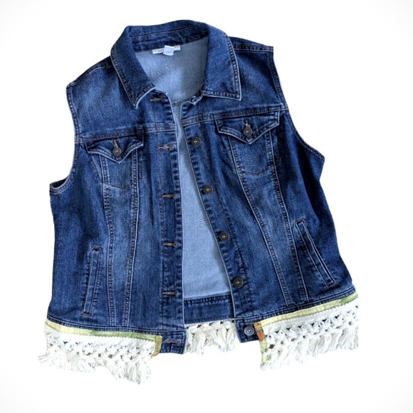 Upcycled Dark Wash Fringed Denim Vest, Size Large - Picture 1 of 4
